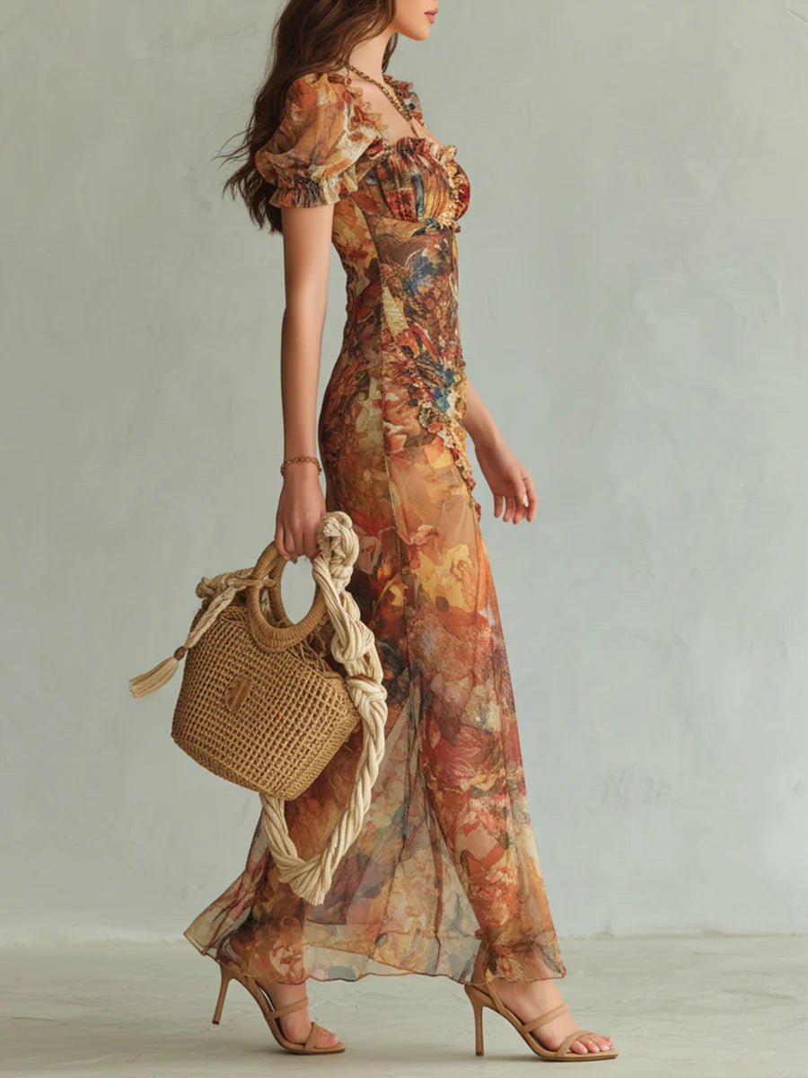 Isabella | Dame Chiffon Maxi Kjole Blomsterprint Sweetheart Hals