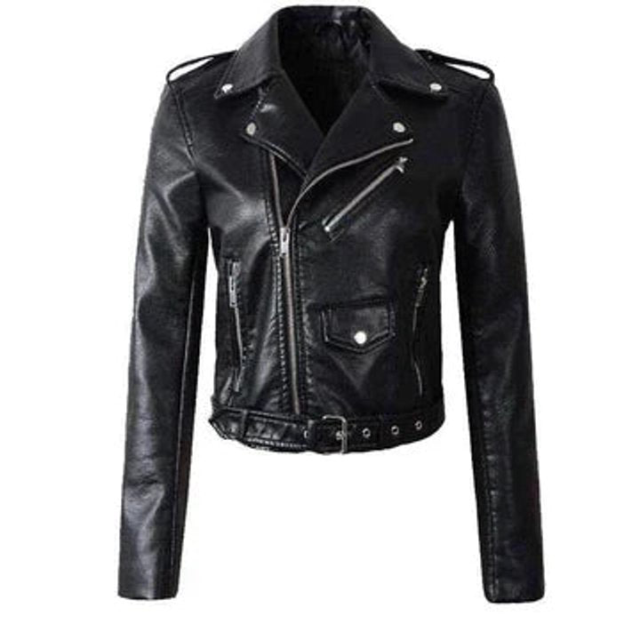 Sofia | Dame Cropped Biker Leather Jacket Lynlås Bælte
