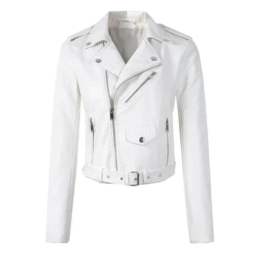 Sofia | Dame Cropped Biker Leather Jacket Lynlås Bælte
