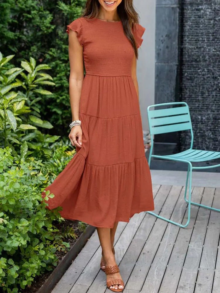 Mathilde | Dame Elegant Terrakotta Midi Kjole med Flæse Ærmer