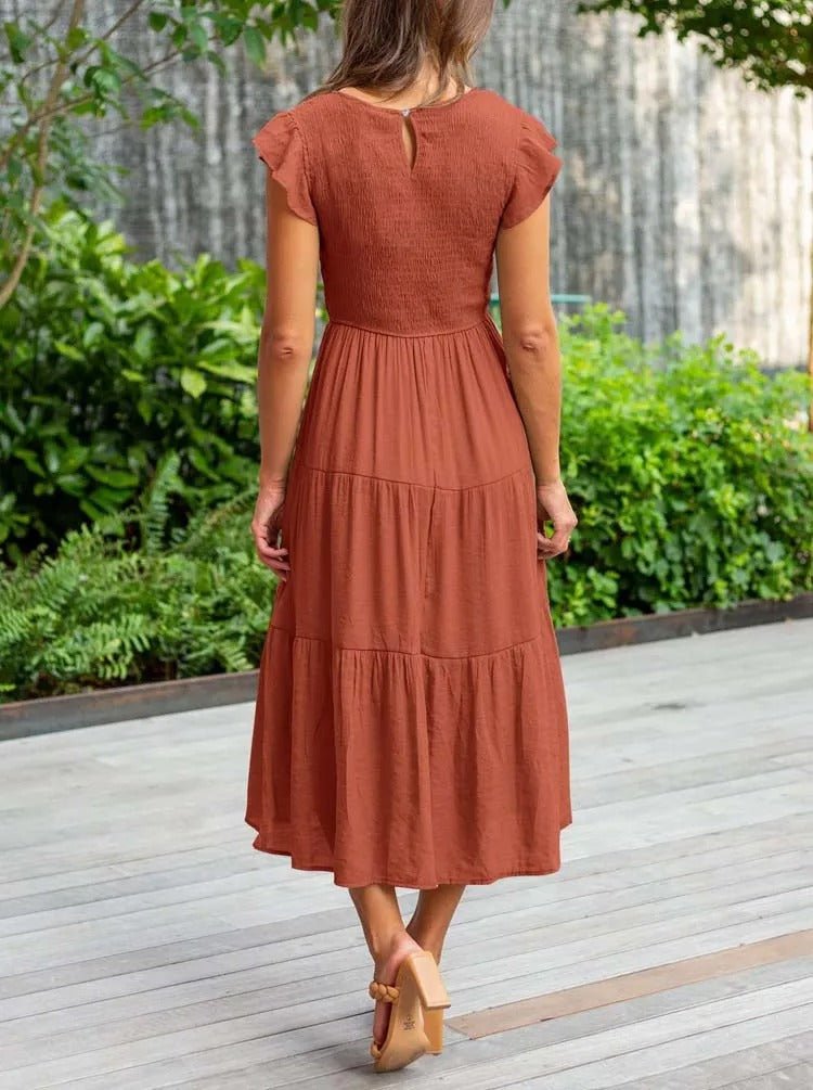 Mathilde | Dame Elegant Terrakotta Midi Kjole med Flæse Ærmer