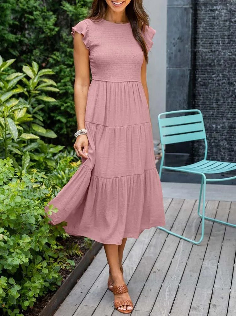 Mathilde | Dame Elegant Terrakotta Midi Kjole med Flæse Ærmer