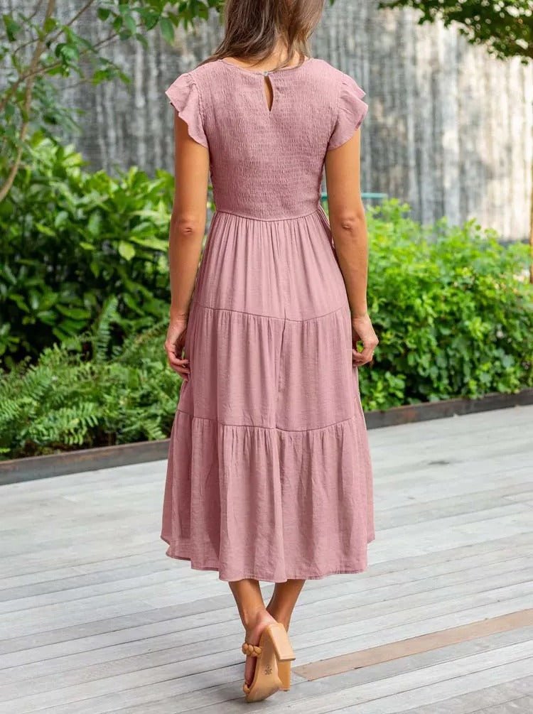Mathilde | Dame Elegant Terrakotta Midi Kjole med Flæse Ærmer