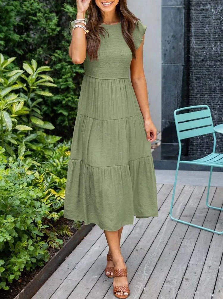 Mathilde | Dame Elegant Terrakotta Midi Kjole med Flæse Ærmer