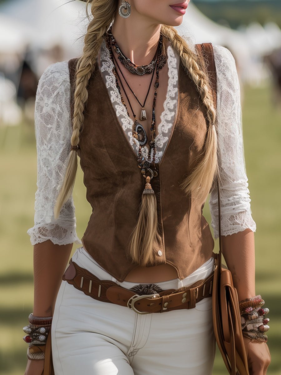 Laura | Dame Fitted Western Bluse Blondeermer Dyb V-udskæring Trykknapper