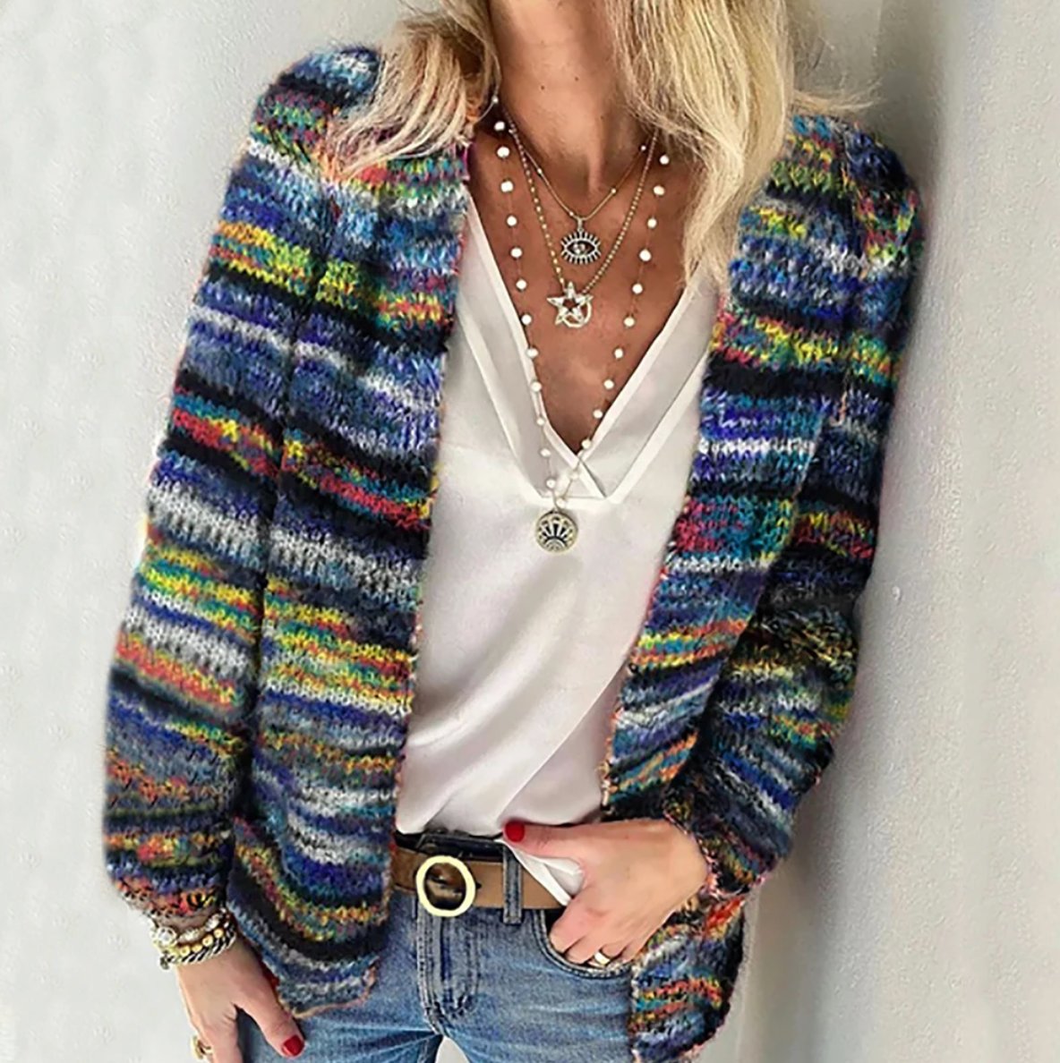 Freja | Dame Flerfarvet Strikkede Cardigan