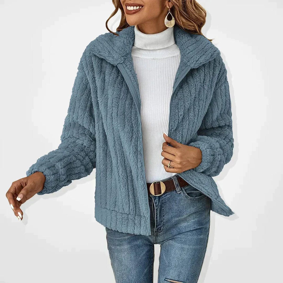 Freja | Dame Fluffy Cardigan med Lynlås Blødt Fleece Overtøj