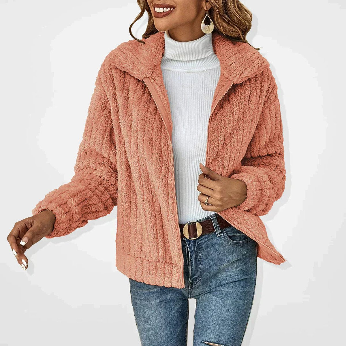 Freja | Dame Fluffy Cardigan med Lynlås Blødt Fleece Overtøj