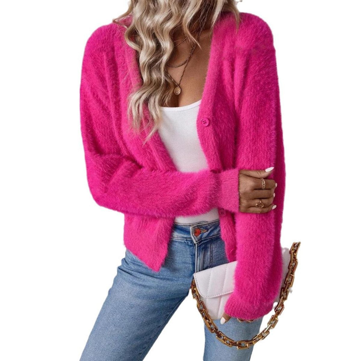 Anna | Dame Fluffy V-hals Cardigan Knaplukning Blød Strik