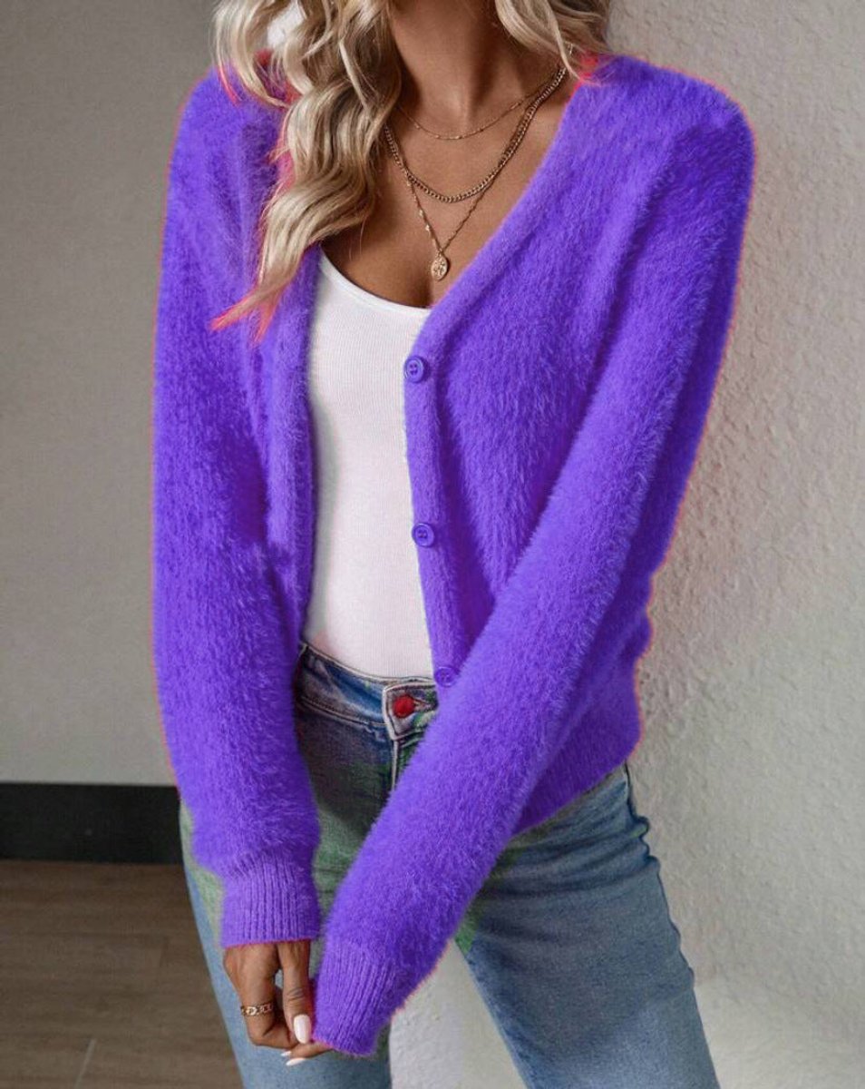 Anna | Dame Fluffy V-hals Cardigan Knaplukning Blød Strik