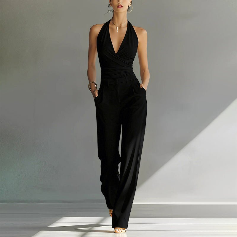 Olivia | Dame Halterneck Højtaljede Wide-Leg Jumpsuit