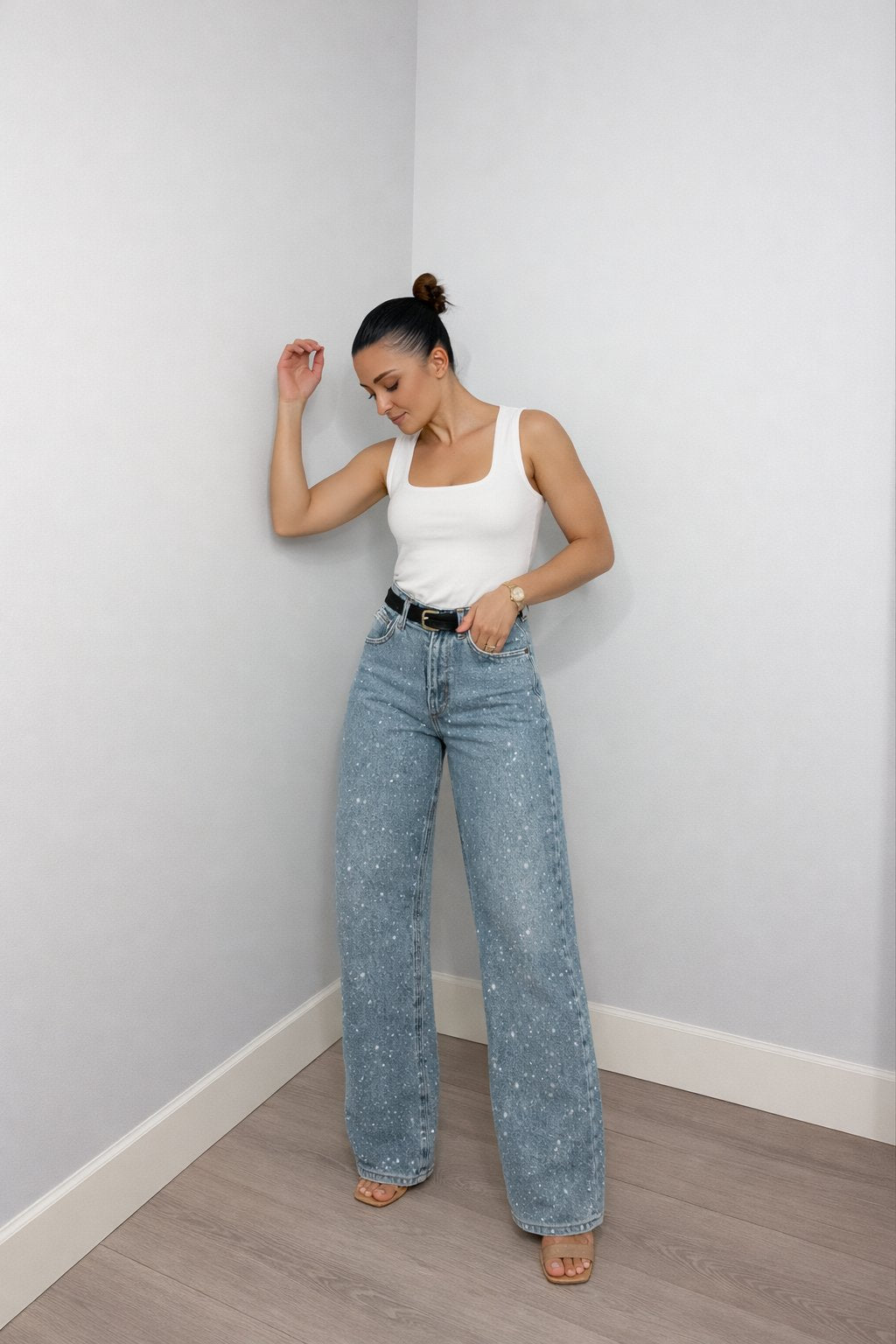 Isabella | Dame High-Waist Straight-Leg Glitter Denim Jeans