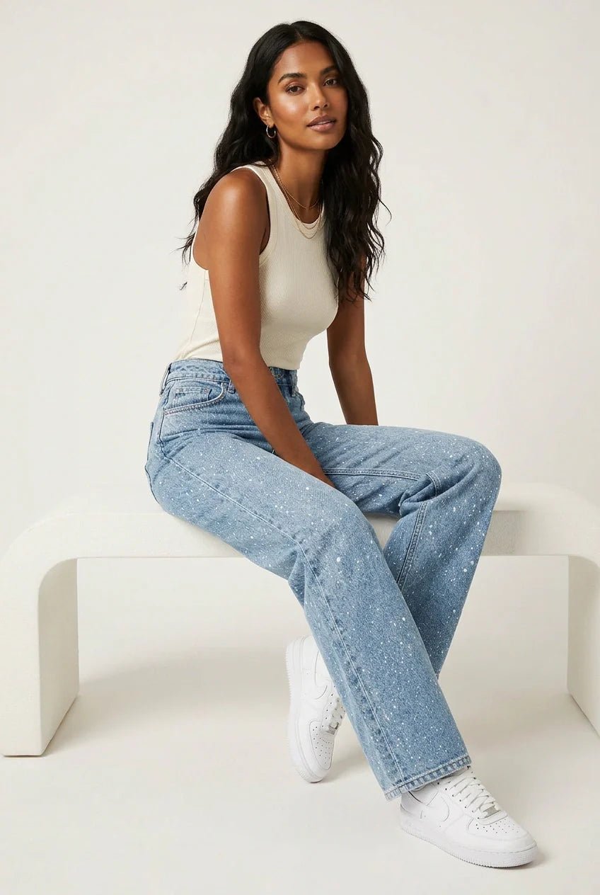 Isabella | Dame High-Waist Straight-Leg Glitter Denim Jeans
