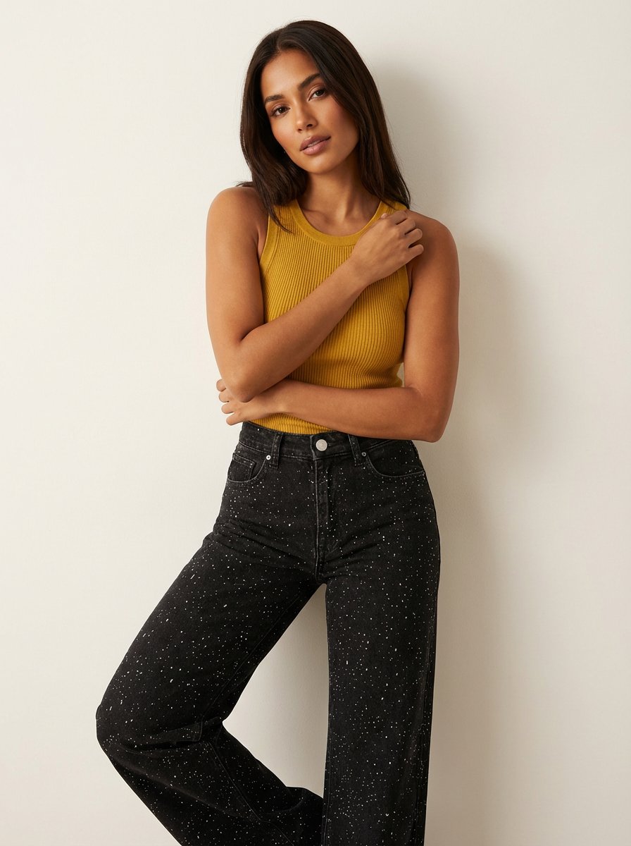 Isabella | Dame High-Waist Straight-Leg Glitter Denim Jeans