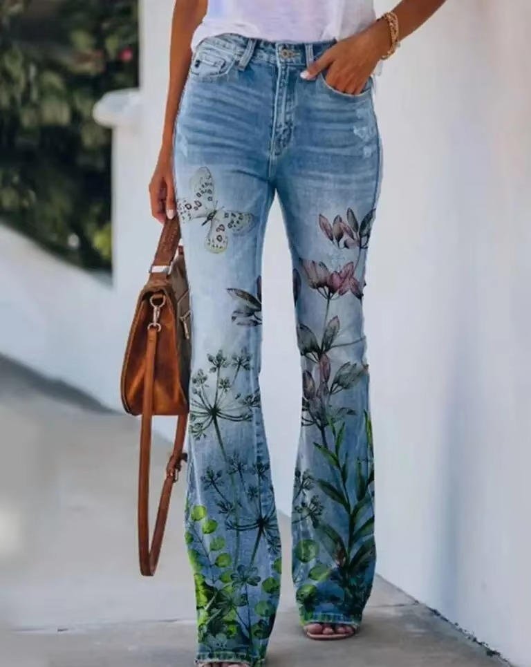 Astrid | Dame Højtaljede Blomster Flare Jeans