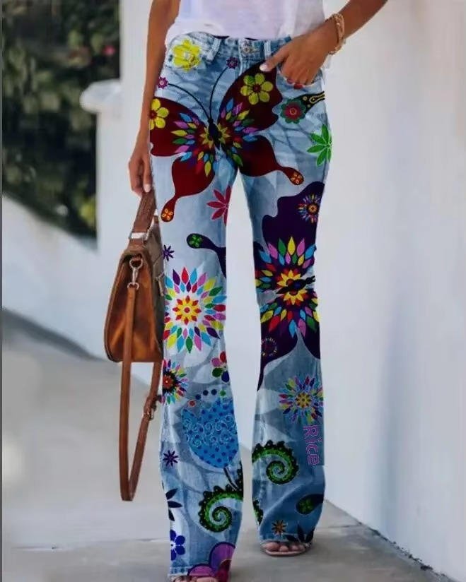 Astrid | Dame Højtaljede Blomster Flare Jeans
