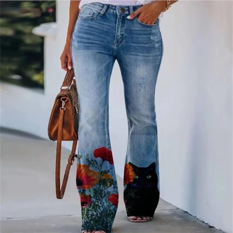 Astrid | Dame Højtaljede Blomster Flare Jeans