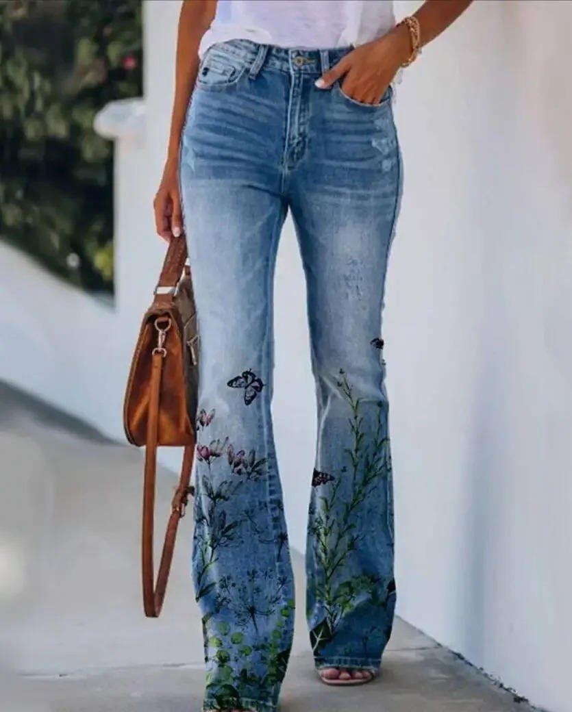 Astrid | Dame Højtaljede Blomster Flare Jeans