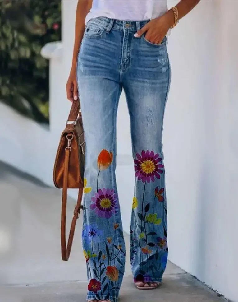 Astrid | Dame Højtaljede Blomster Flare Jeans