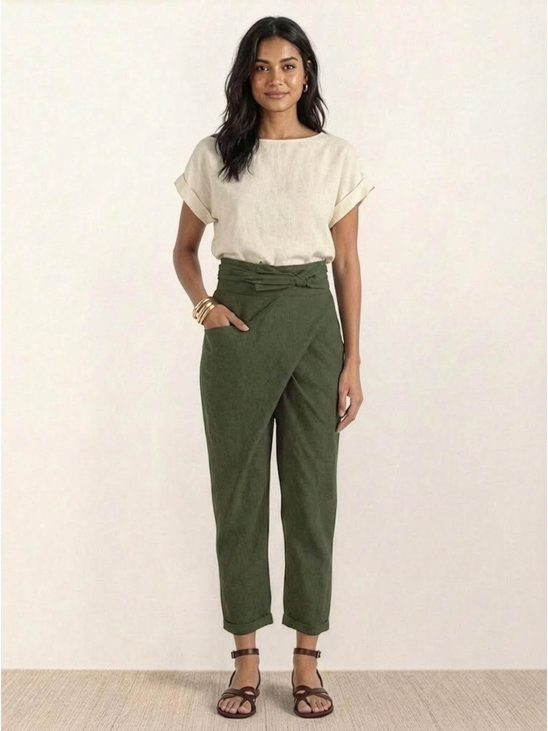 Mathilde | Dame Højtaljede Wrap-Front Afsmalnende Cropped Bukser