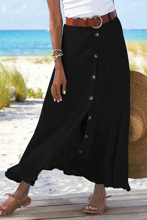Olivia | Dame Højtaljeret Knapfront Maxi Nederdel Linned-Look