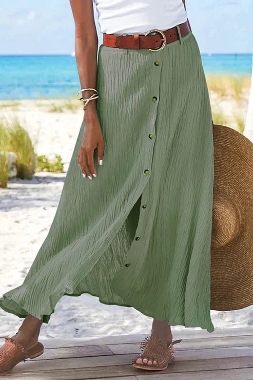 Olivia | Dame Højtaljeret Knapfront Maxi Nederdel Linned-Look