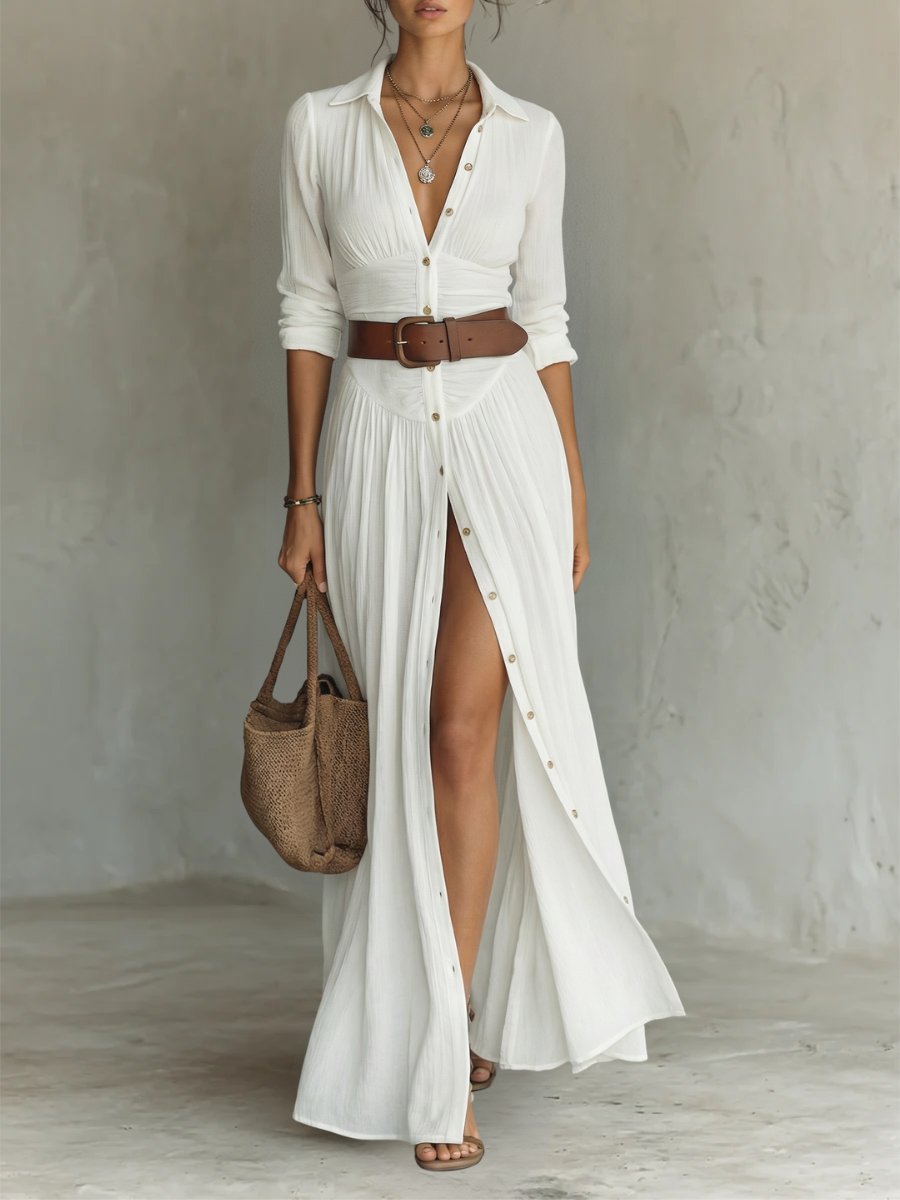 Nora | Dame Hvid Skjortekjole Lang Maxi Boho-Stil