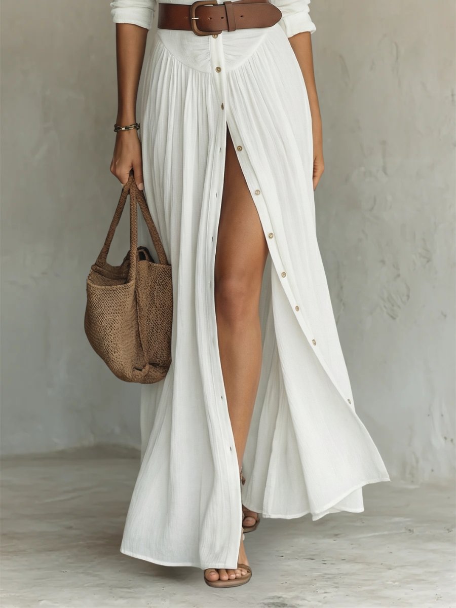 Nora | Dame Hvid Skjortekjole Lang Maxi Boho-Stil