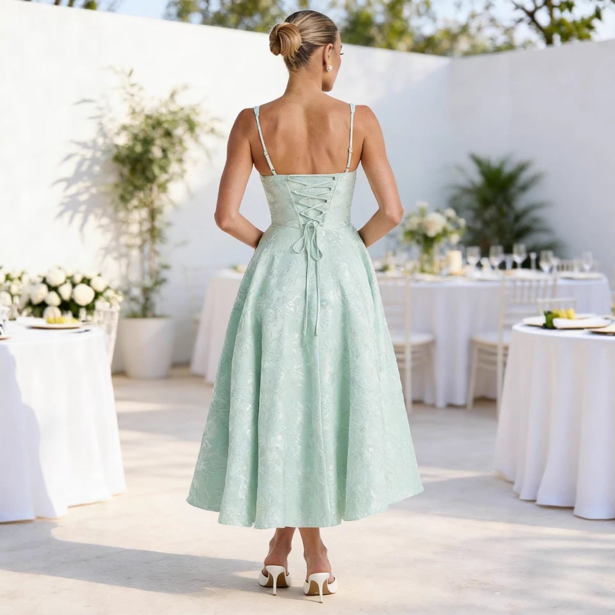Sofia | Dame Jacquard Cocktail Dress med Korsetkrop og Svungent Skørt