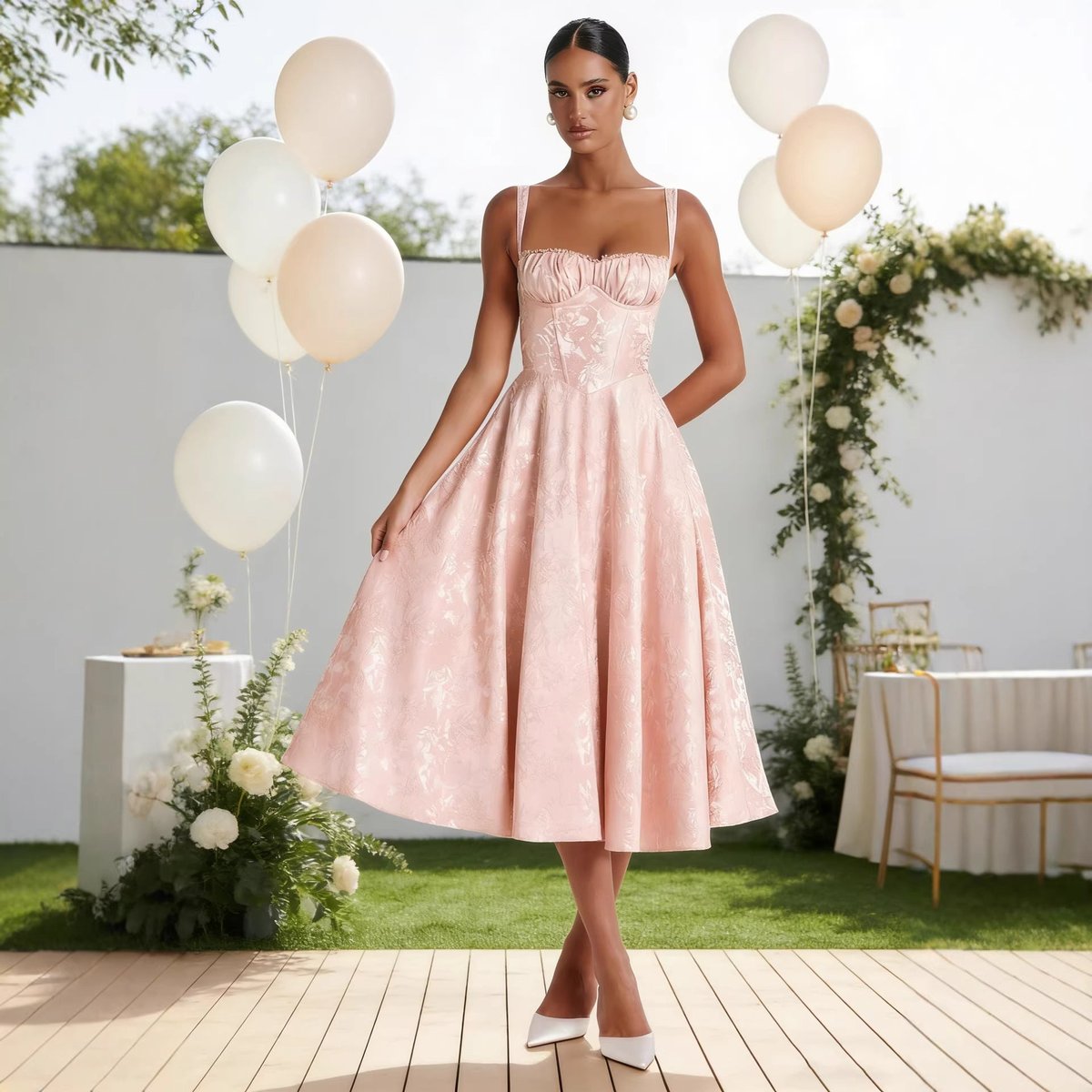 Sofia | Dame Jacquard Cocktail Dress med Korsetkrop og Svungent Skørt
