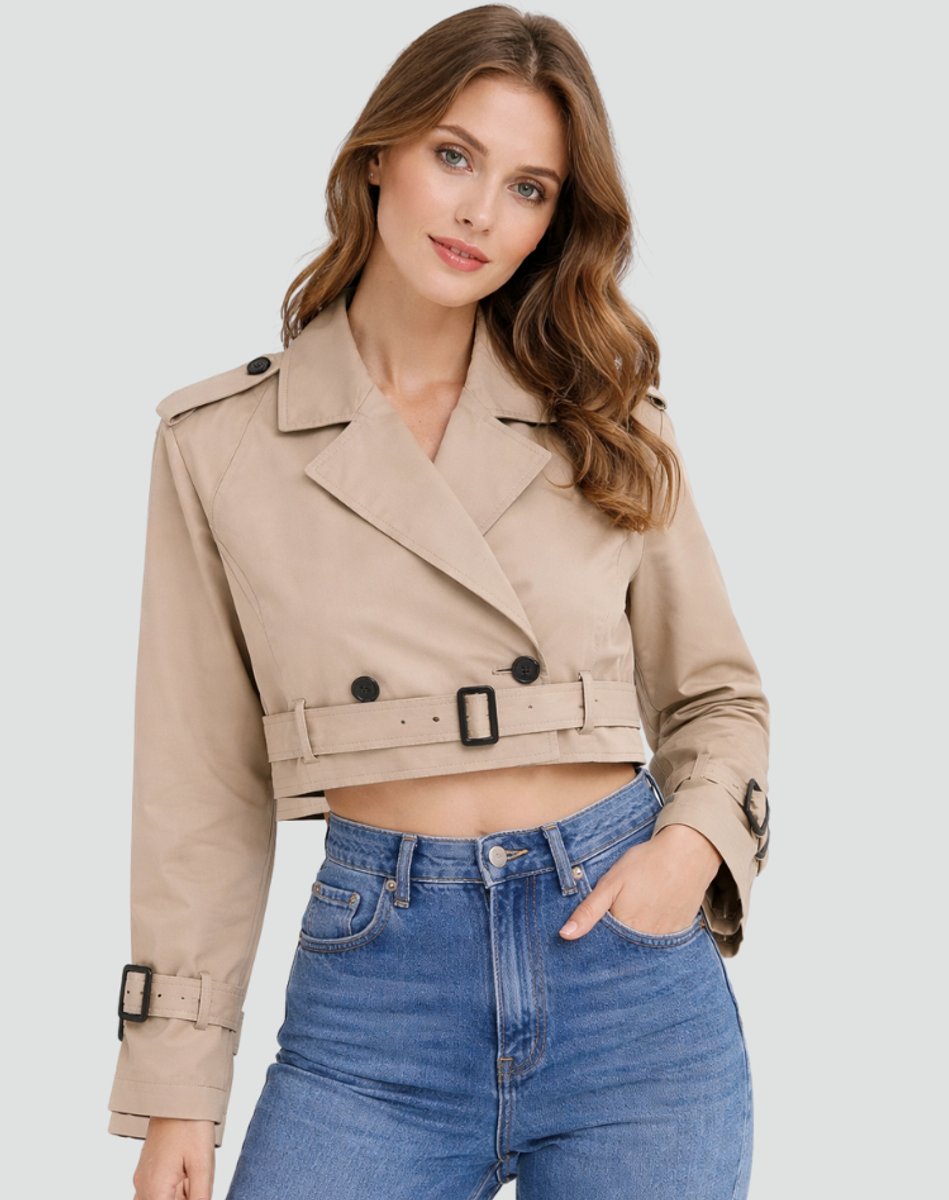 Freja | Dame Kort Cropped Trench Coat Dobbeltknappet Bæltet Jakke