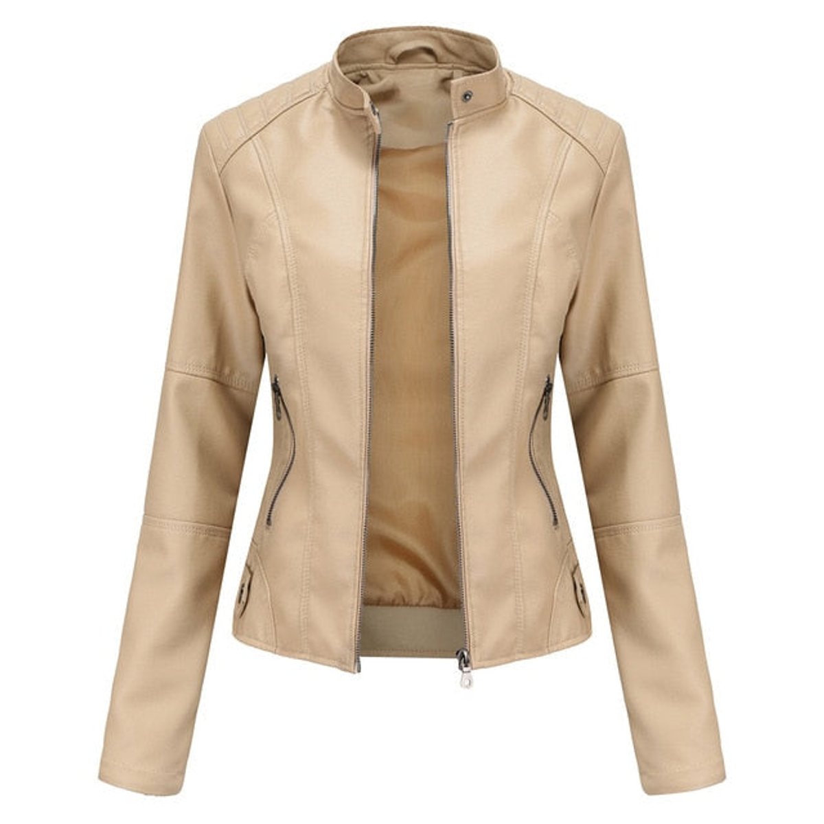 Clara | Dame kort zippet kunstlæder leather jacket med stående krave