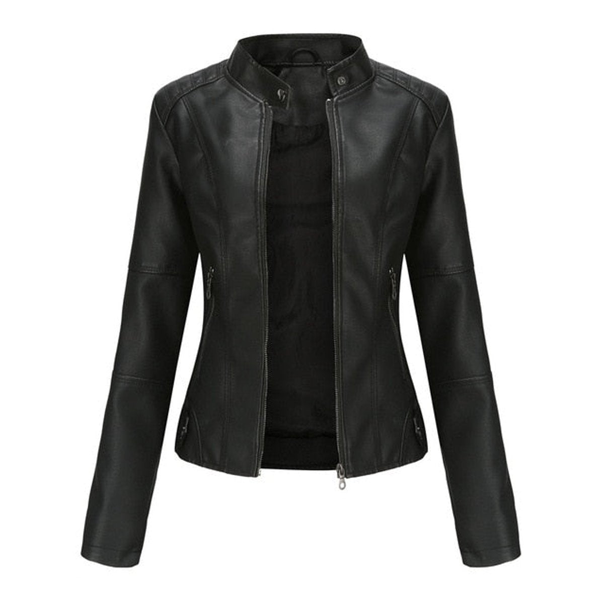 Clara | Dame kort zippet kunstlæder leather jacket med stående krave