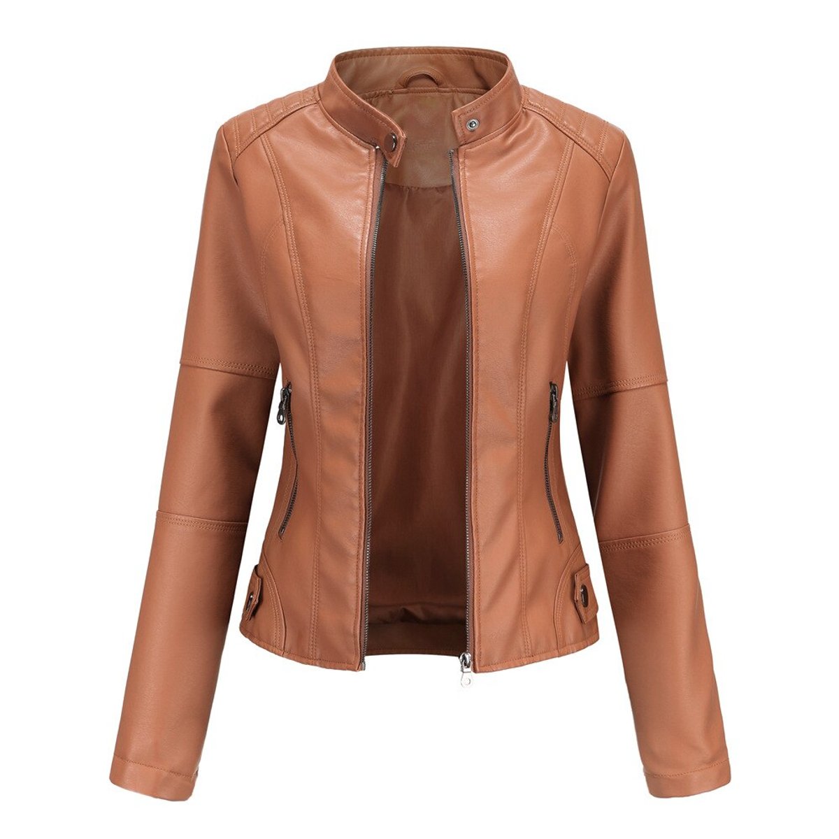 Clara | Dame kort zippet kunstlæder leather jacket med stående krave