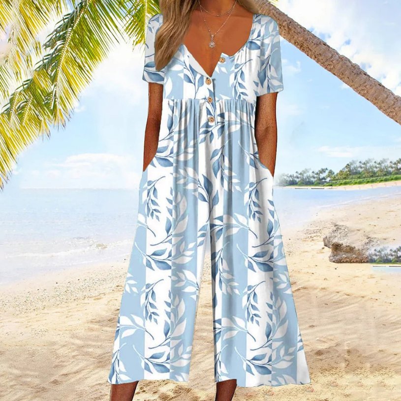 Agnes | Dame Kortærmet Bomulds Culotte Jumpsuit med Knaplukning
