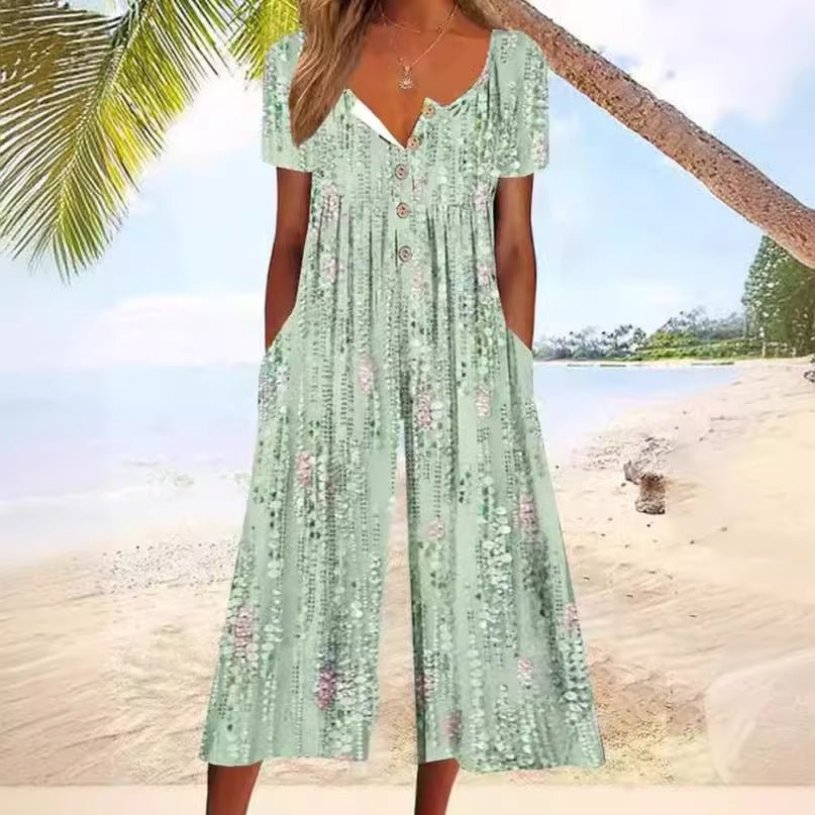 Agnes | Dame Kortærmet Bomulds Culotte Jumpsuit med Knaplukning