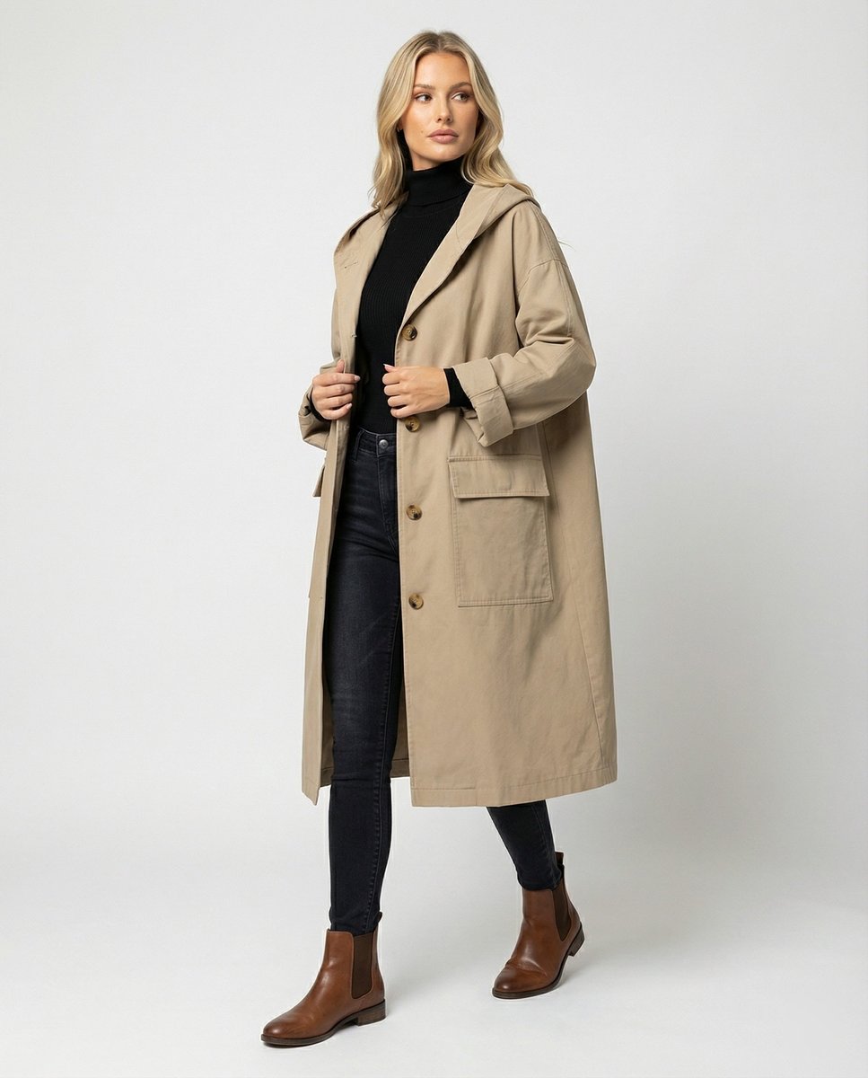 Lea | Dame Lang Vandafvisende Hættet Trench Coat Vindtæt