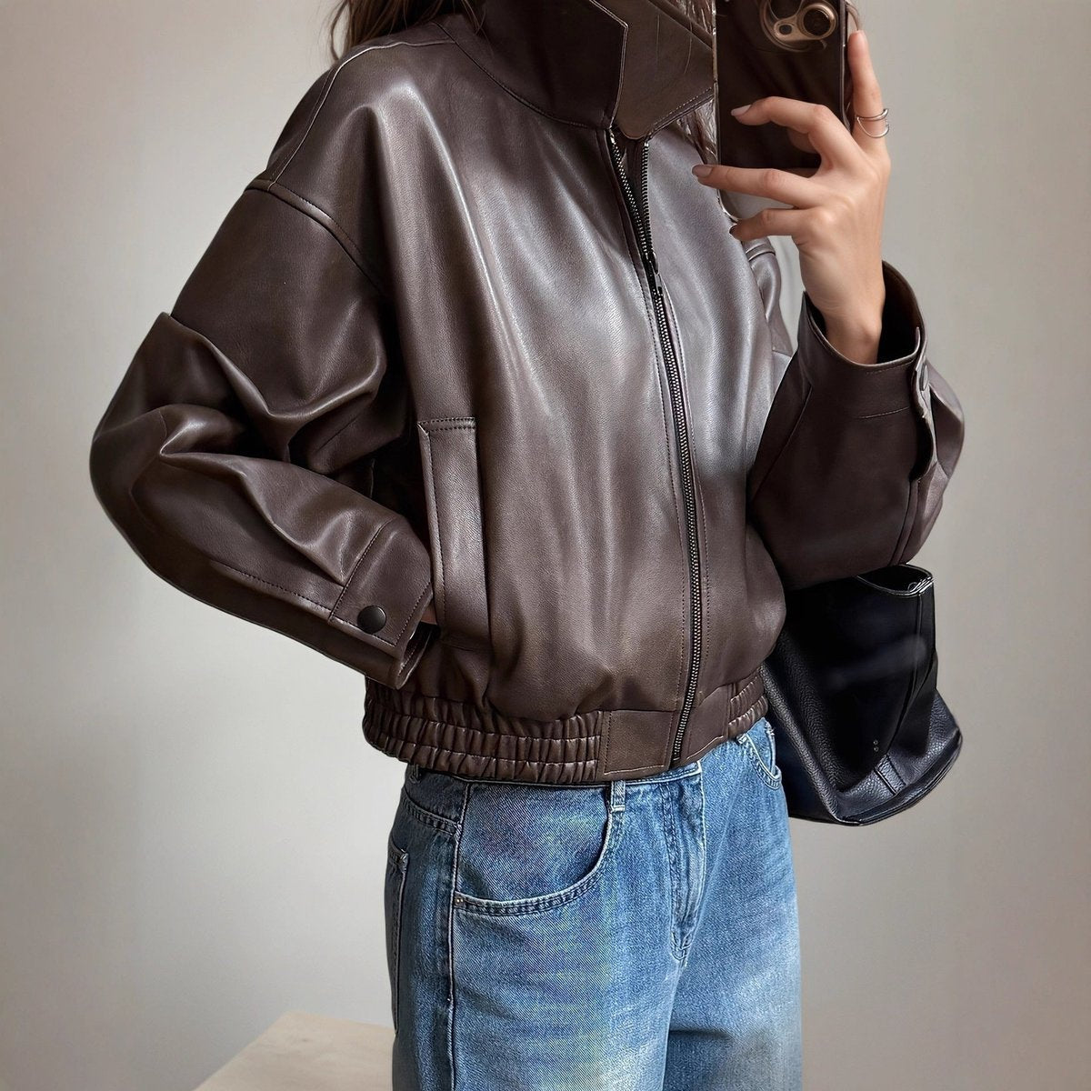 Lea | Dame Langermet Lynlås Leather Jacket Elastisk Talje Bomberjakke