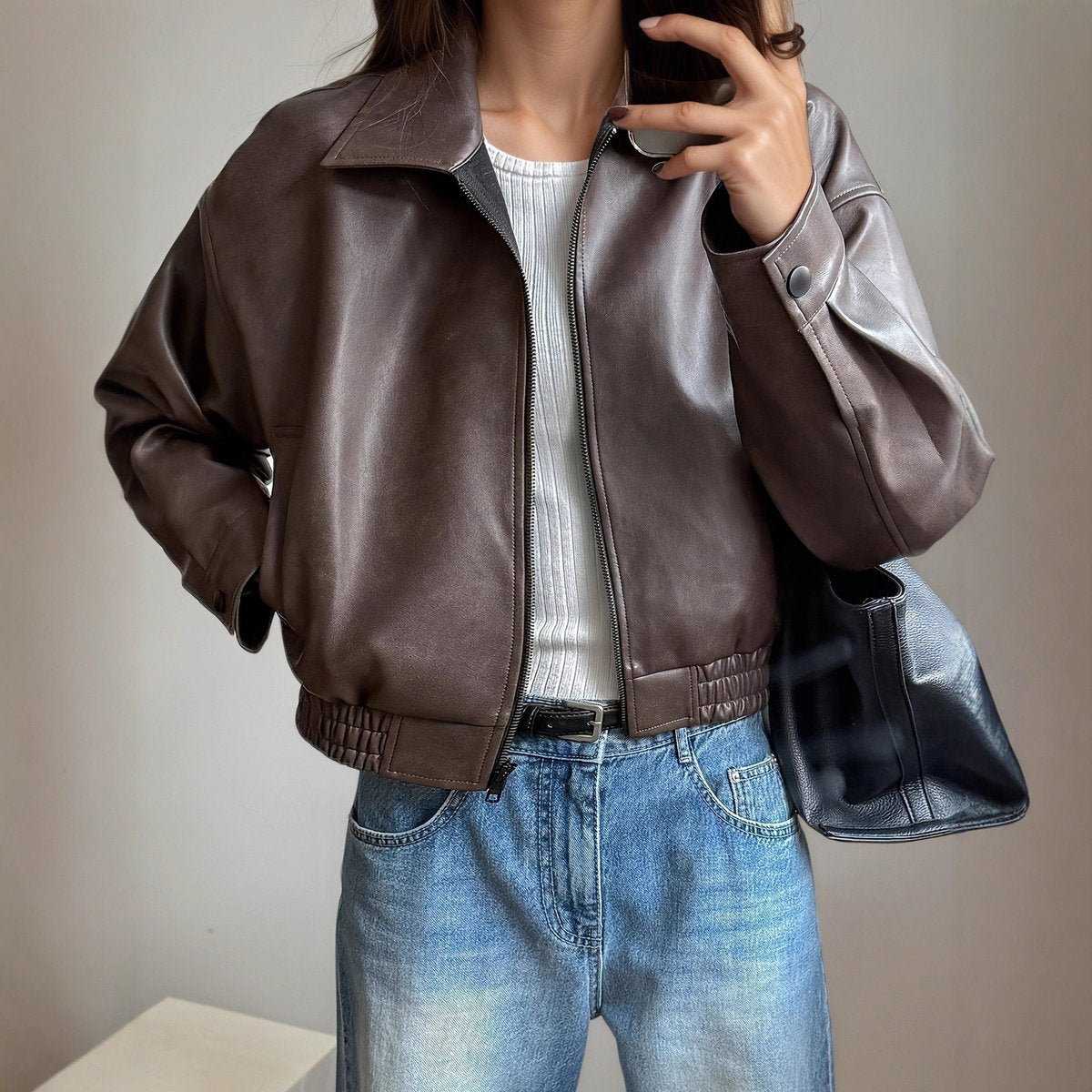 Lea | Dame Langermet Lynlås Leather Jacket Elastisk Talje Bomberjakke