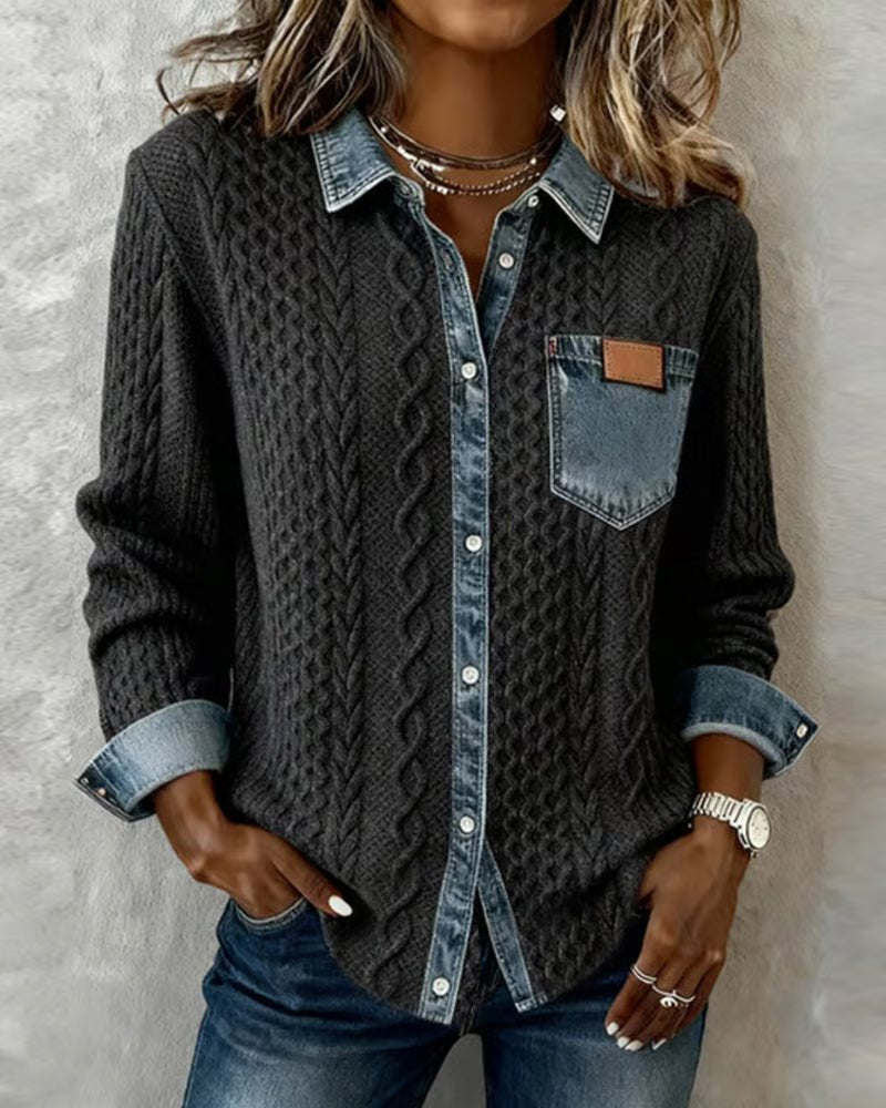 Mathilde | Dame Langærmet Kabelstrik Skjorte Denim Patchwork