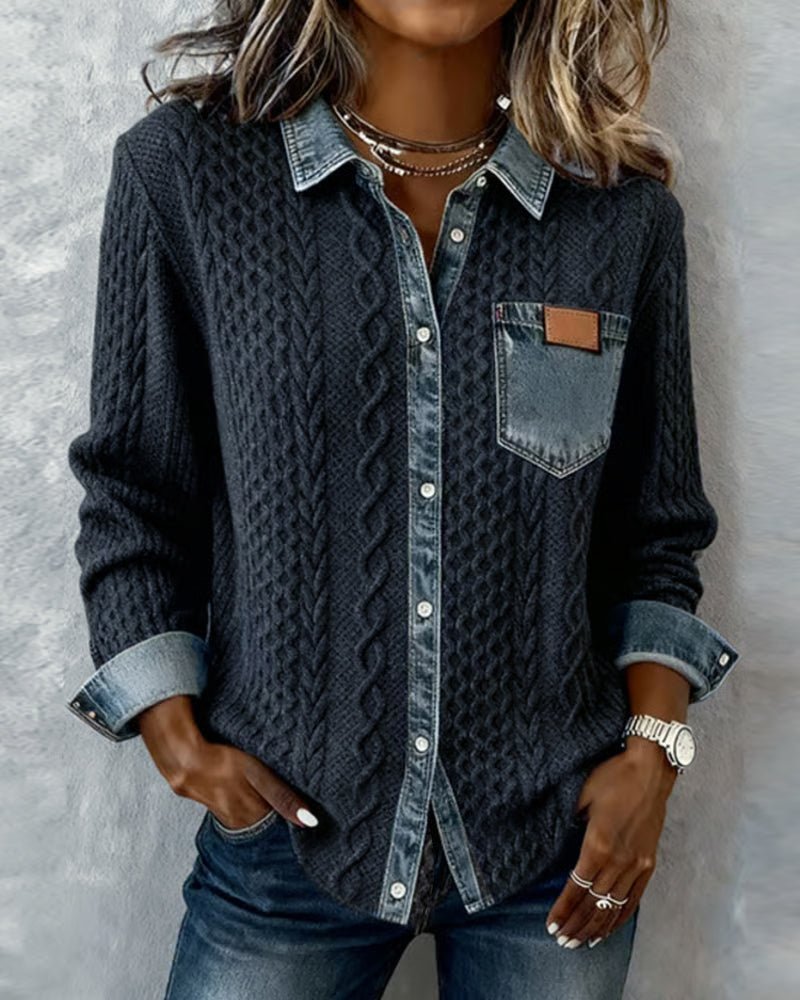 Mathilde | Dame Langærmet Kabelstrik Skjorte Denim Patchwork