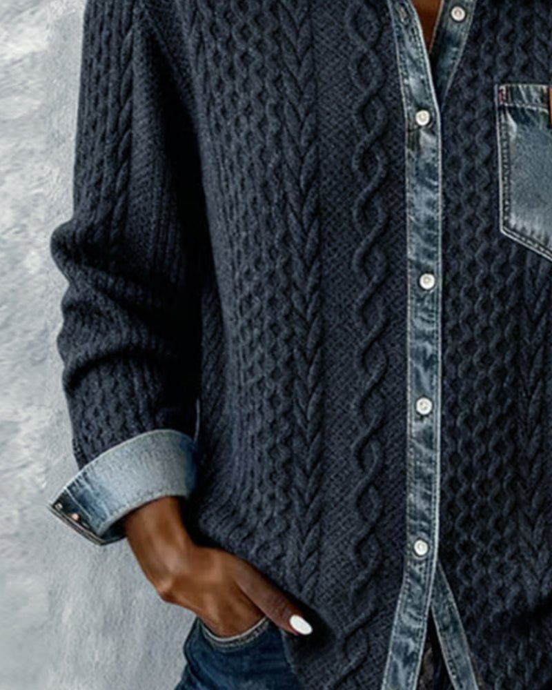 Mathilde | Dame Langærmet Kabelstrik Skjorte Denim Patchwork
