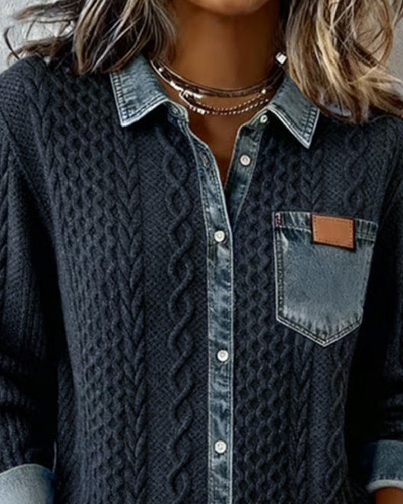 Mathilde | Dame Langærmet Kabelstrik Skjorte Denim Patchwork