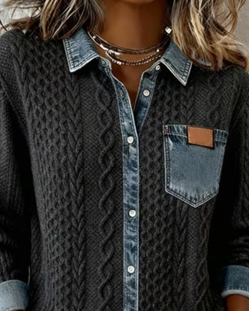 Mathilde | Dame Langærmet Kabelstrik Skjorte Denim Patchwork