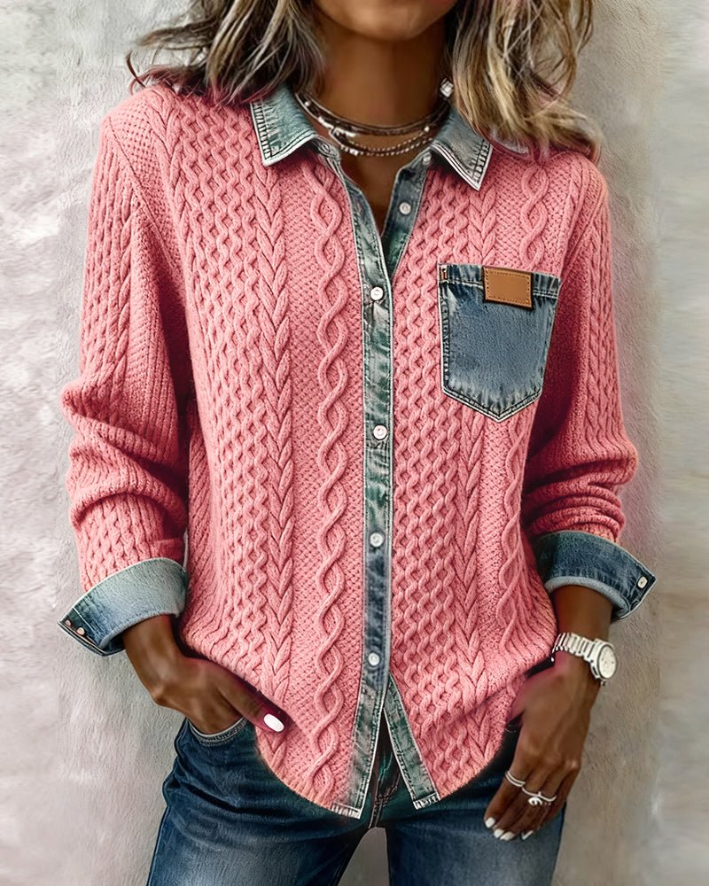 Mathilde | Dame Langærmet Kabelstrik Skjorte Denim Patchwork