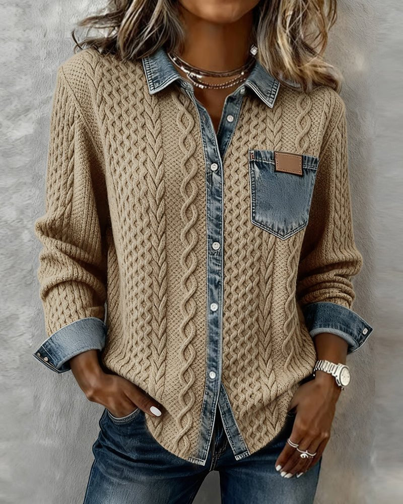 Mathilde | Dame Langærmet Kabelstrik Skjorte Denim Patchwork