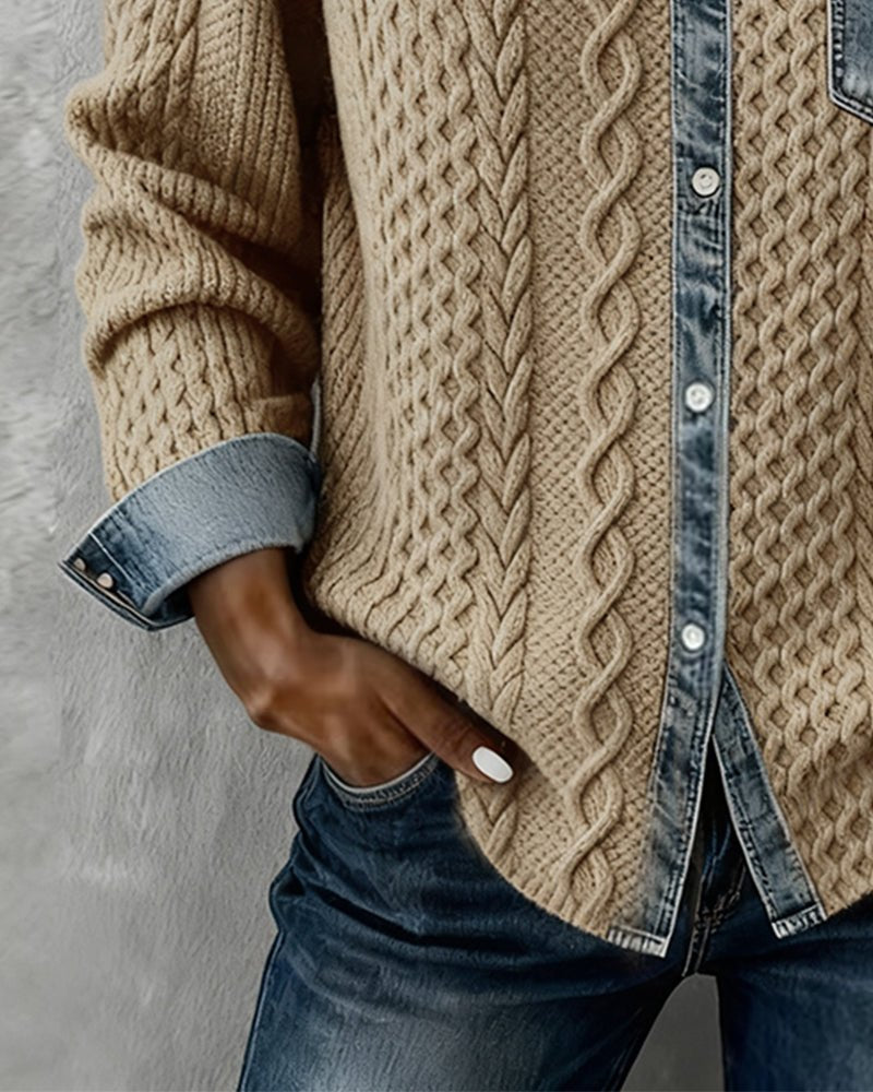 Mathilde | Dame Langærmet Kabelstrik Skjorte Denim Patchwork
