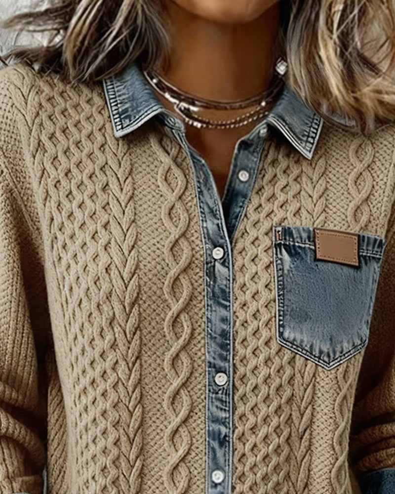 Mathilde | Dame Langærmet Kabelstrik Skjorte Denim Patchwork
