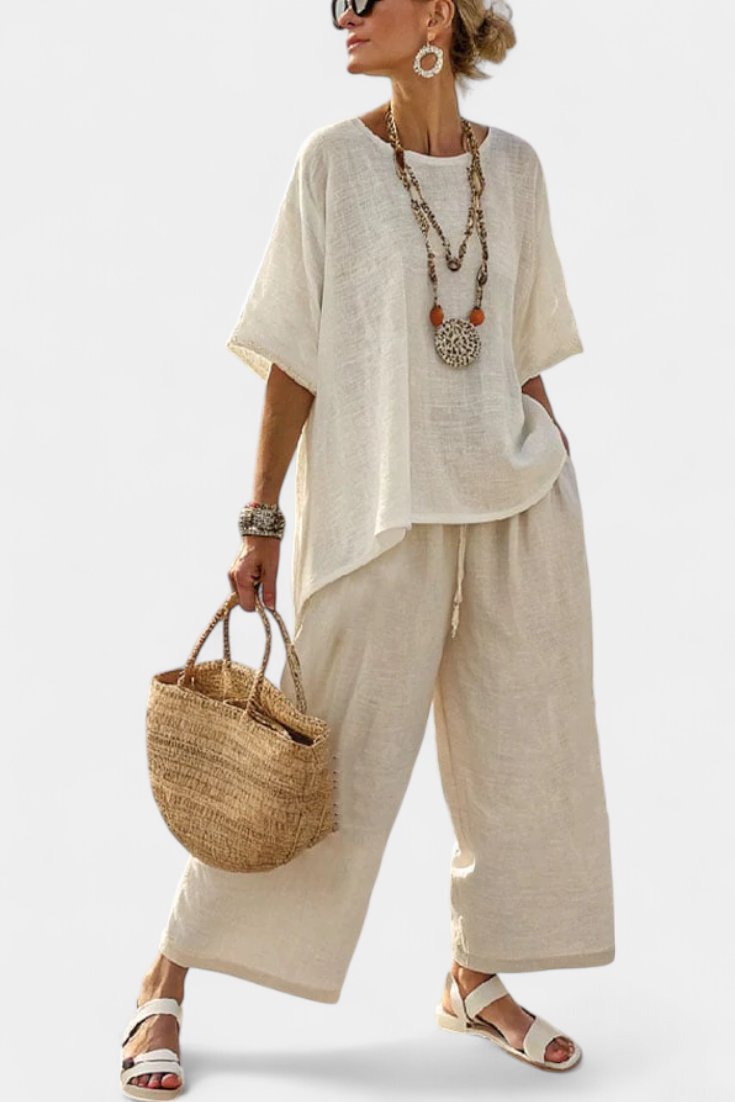 Lea | Dame Linen Asymmetrisk Top og Vide Bukser Sæt