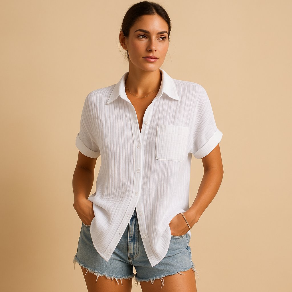 Josefine | Dame Linen-Look Kortærmet Casual Skjorte med Brystlomme
